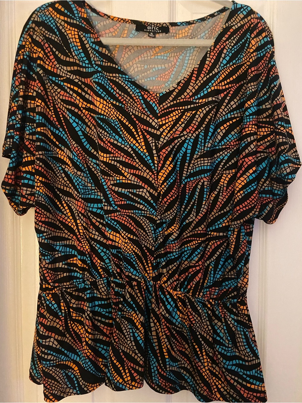Signature V-Neck Peplum Top in Black, Blue & Orange